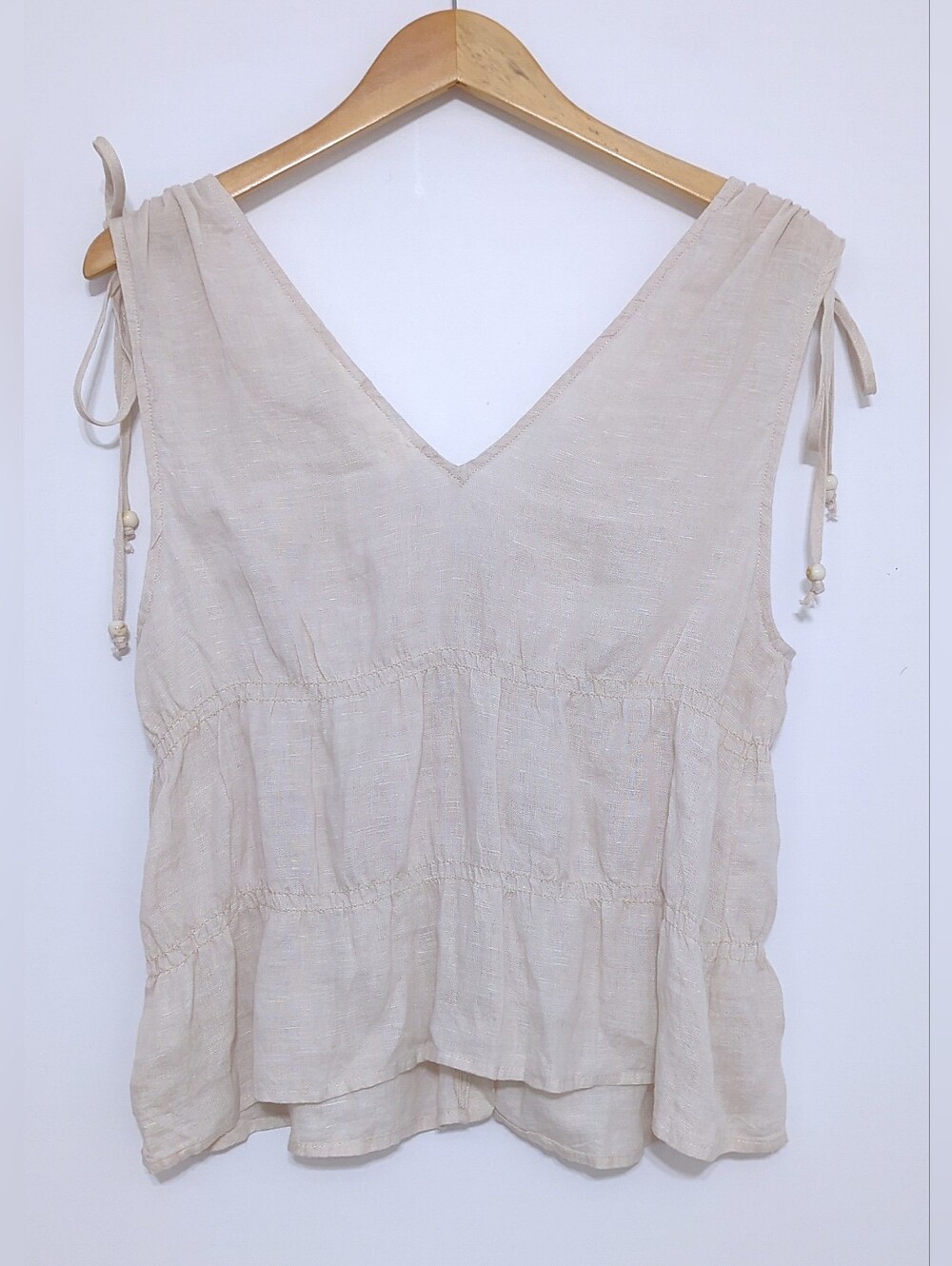 Cynthia Rowley Beige Linen Tassel Tie Shoulder Peplum Top Coastal Boho L - Picture 3 of 8